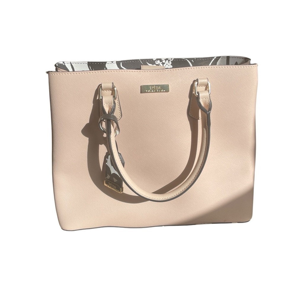 Trina Turk Beige Tote Bag PVC Structured Gold Hardware Double Handles